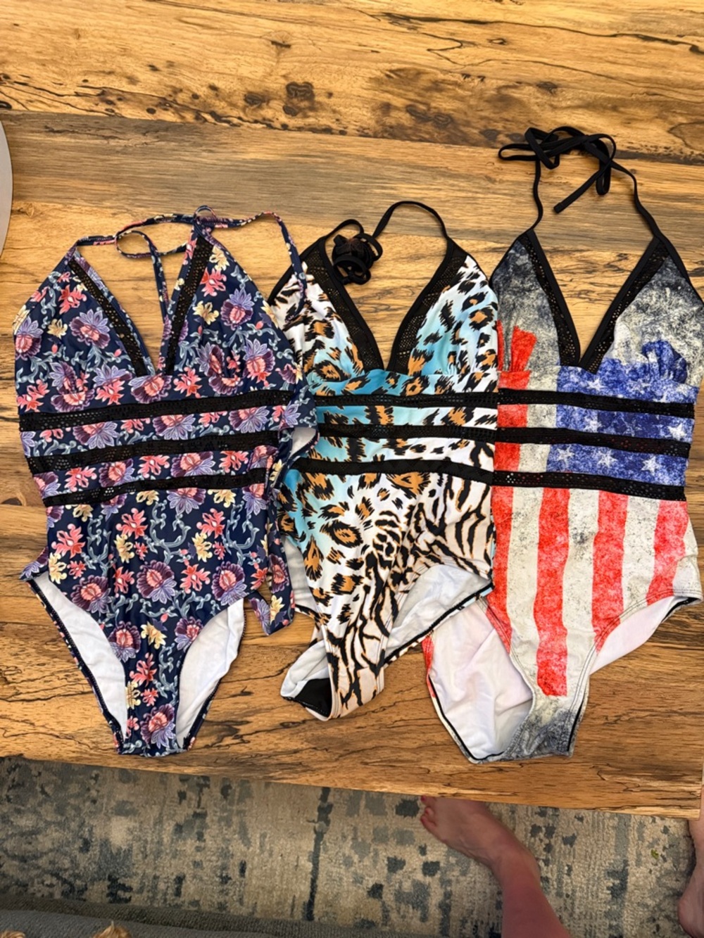 3 Printed One-Piece Swimsuits - Floral, Animal, Stars & Stripes